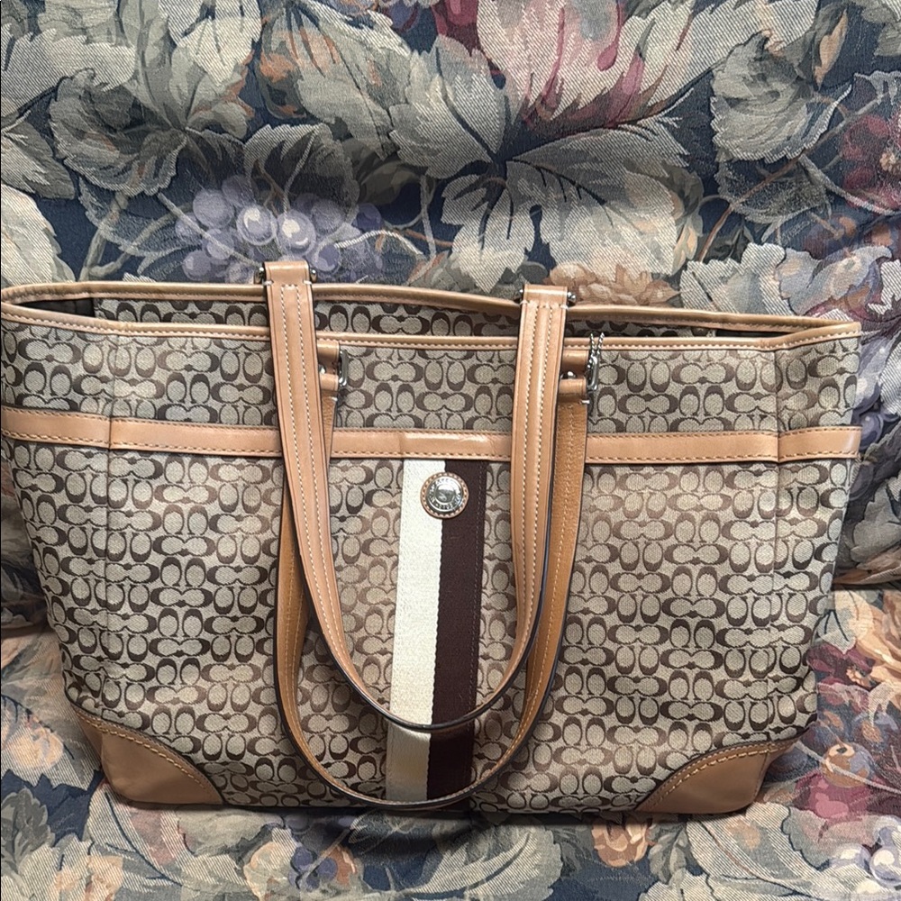 Coach Tan and Brown Signature Tote Bag with Leather Trim
